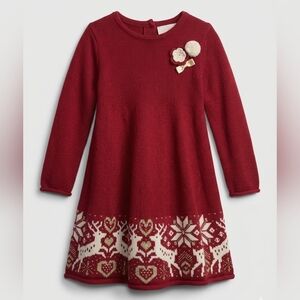 [[Heirlooms]] Girls' Burgundy Knit Dress with Festive Holiday Print Trim